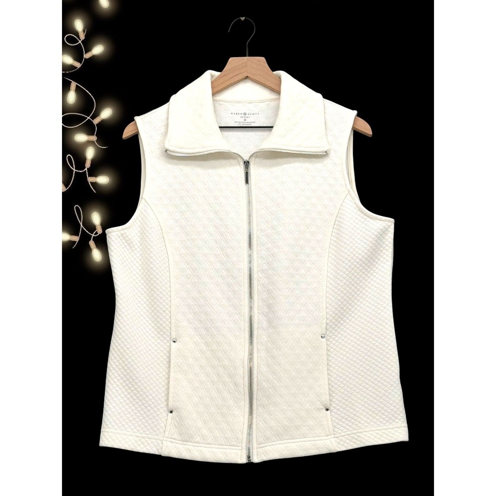 Karen Scott Sport Quilted Diamond Texture Full Zip Vest White Medium